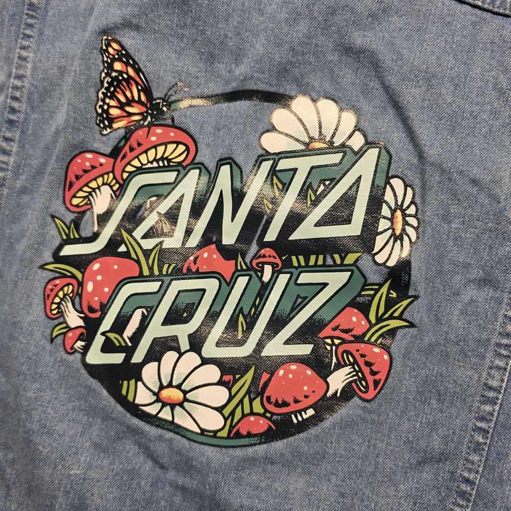 Santa Cruz Skateboards Denim Jacket Medium Light Wash Butterfly Mushrooms Back P